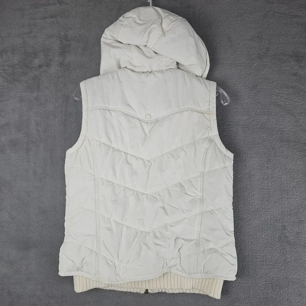 American Eagle Y2K Puffer Vest Faux Fur Hood Cream White Zip Snap Jacket Women M - Picture 2 of 9